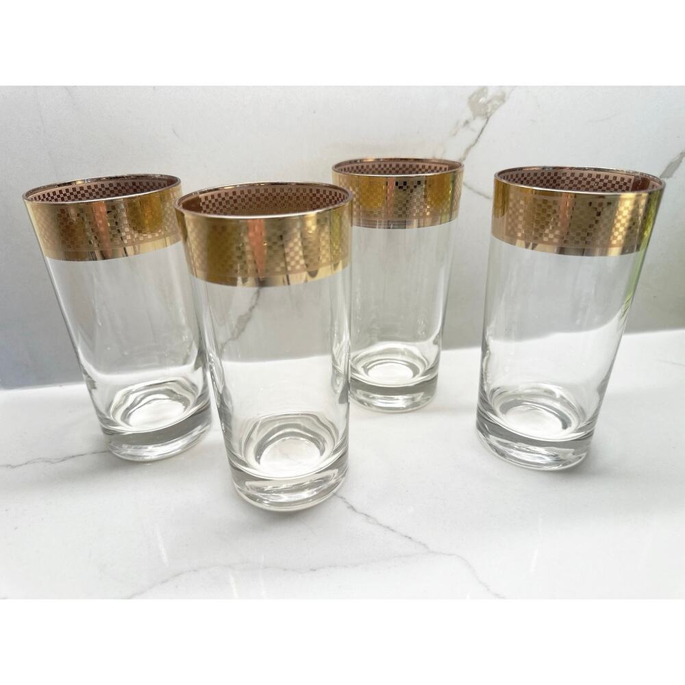 Mid-Century Modern Gold Banded Rim Checkerboard Geometric l Highball Glasses
